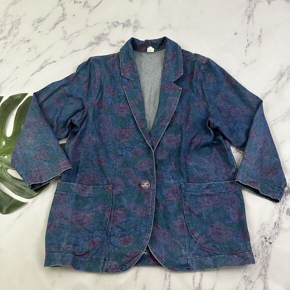 Womens Vintage 80s Denim Blazer Jacket Size L Blue Red Floral Jean Oversize - Picture 1 of 12